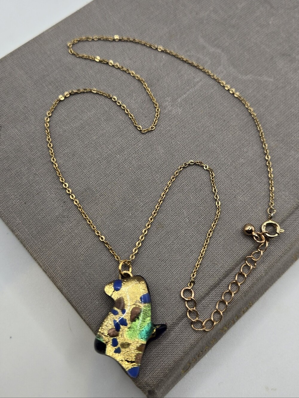 Dichroic Glass Fused Glass Necklace 18" Gold Tone Chain 90s Grunge Vintage